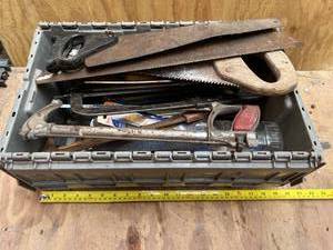 lot 1149 image: Grey Tote Full of Hand Saws, Pipe Cutters, Extra Saw Blades and Misc Tools