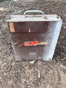 lot 1233 image: antique vintage Wooden Case with (3) Hand Crank Drills and antique wood Case over flowing w bits. (brace and bits)