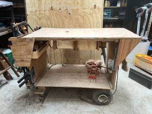 lot 1282 image: retired union carpenters Handmade Trimhardware Cart - Drawers - Shelving - Electrical Outlets Built In - Content Included - Misc Tools (Green Dolly Base Not Included)