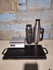 lot 4565 image: Cast Iron 17 in Skillet, Thermos, Weight Scale