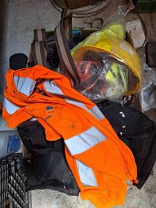 lot 1714 image: Lot of Construction Safety Equipment- Hard Hat, Orange Vest, and Back Braces