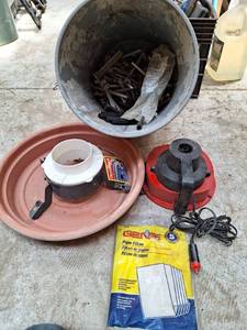 lot 1729 image: Lot of Paper Filters  Dry Dock, Bucket of rain Gutter Nails and Clamps