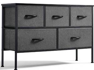 lot 53766 image: LINSY HOME 5 Drawer Dresser Long Wide Chest of Drawers Nightstand with Wood Top Rustic Storage Tower Storage Dresser Closet for Living Room, Bedroom, Hallway, Nursery, Kid