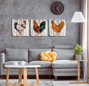 lot 53770 image: Nachic Wall Farm Animal Wall Decor 3 Piece Retro Rooster Hen Painting Canvas Print Art in Vintage Wood Style Modern Farmhouse Countryside Home Decorations Gallery Canvas Wrapped Ready to Hang