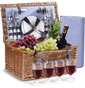 lot 53780 image: Flexzion Picnic Basket for 4 Person, Rectangular Wicker Picnic Basket Set, Insulated Picnic Case with Waterproof Lining and Blanket, Napkins, Cutlery Set, Wine Glasses, Bottle Opener and Plates