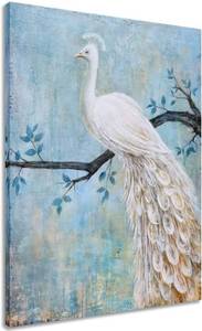 lot 53790 image: GALLERIEWALLA Peacock on Tree Oil Paintings - Modern Bird Embellishment Pictures - Contemporary Teal and White Pictures for Living Room Bedroom Bathroom Hallway Decor 28x20