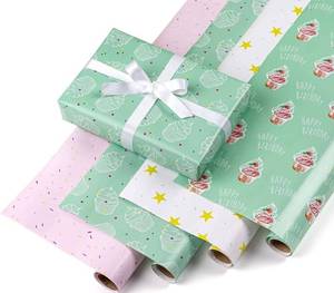 lot 53799 image: Retail 24.99 LeZakaa Birthday Wrapping Paper Roll - 40 x 120 inches per Roll - CupcakesFlecks in PinkGold StarGreen Happy Birthday Print for Gift Wrap, Craft - 4 Rolls