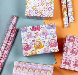 lot 53800 image: Retail 24.99 LeZakaa Baby Shower Wrapping Paper Roll - 40 x 120 inches per Roll - Pink & Colorful ElephantFlowerRainbow Print for Baby Shower - 4 Rolls
