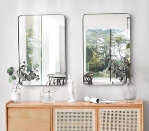 lot 53809 image: BIKARSOUL Rectangle Wall Mirror with Rounded Corner Wall Decor Modern Black Framed Wall Mirror for Living Room Bathroom Bedroom Entryway BKS-FANGX-0475HEI