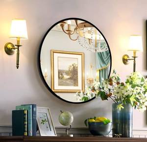 lot 53812 image: FLYOUNG Qiyang 24 inch Round Mirror for Bathroom Wall Mounted Makeup Mirror with Black Metal Frame Cover Round Makeup Mirror for Living Room, Hallway, Bathroom