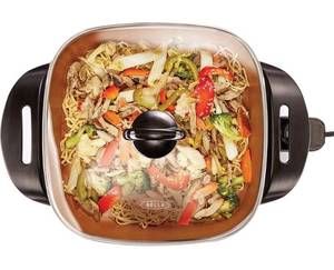 lot 53822 image: BELLA Electric Skillet and Frying Pan with Glass Lid, Nonstick Coating, Cool Touch Handles, Removable Heating Probe, Dishwasher Safe, 12 x 12 inch, Copper