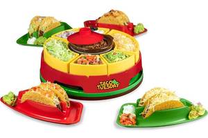 lot 53825 image: Taco Tuesday Heated Lazy Susan Taco Bar Serving Set for a Party with 4 Tortilla Holders, Fondue Pot for Burritos, Nachos, and Fajitas - 20 Oz. - Red