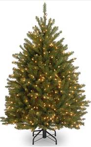lot 53826 image: National Tree Company Pre-Lit Artificial Mini Christmas Tree, Green, Dunhill Fir, White Lights, Includes Stand, 4 Feet