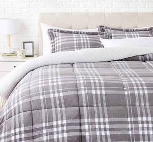 lot 53829 image: Amazon Basics Ultra-Soft Micromink Sherpa Comforter Bed Set, King, Gray Plaid