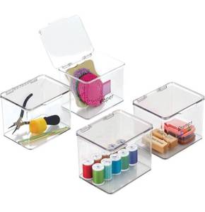 lot 53832 image: Retail 28.79 mDesign Plastic Stackable Organizer Storage Box with Hinged Lid for Home, Classroom, or Art Studio - Holds Scissors, Pencils, Sewing, Crafting, and Jewelry Supplies - Includes 4 Bins, 24 Labels, Clear