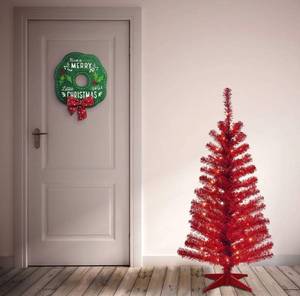 lot 53854 image: National Tree 4 Foot Red Tinsel Tree with Plastic Stand and 70 Clear Lights (TT33-305-40)