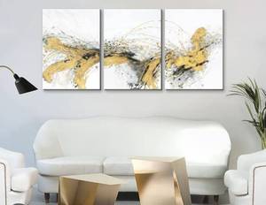lot 53857 image: Sofoney - 3 Piece Hand Embellished Gold Abstract Brushstrokes on White Canvas Wall Art 3D Textured Modern Oil Painting for Home Living Room Bedroom Office Decor, 20x30x3 Panels, Ready to Hang