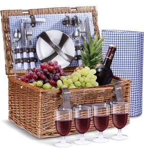 lot 53891 image: Flexzion Picnic Basket for 4 Person, Rectangular Wicker Picnic Basket Set, Insulated Picnic Case with Waterproof Lining and Blanket, Napkins, Cutlery Set, Wine Glasses, Bottle Opener and Plates