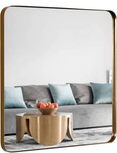 lot 53905 image: BIKARSOUL Square Mirror with Rounded Corner for Wall Decor Modern Brass Framed Wall Mirror