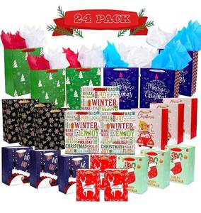 lot 53908 image: 24 PCS Christmas Gift Bags Assorted Sizes with Tissue Paper, Includes 6 Extra Large, 9 Large, 9 Medium with Ribbon Handles, Gift Bags Christmas for Wrapping Holiday Gifts, Holiday Present Wrap D�cor