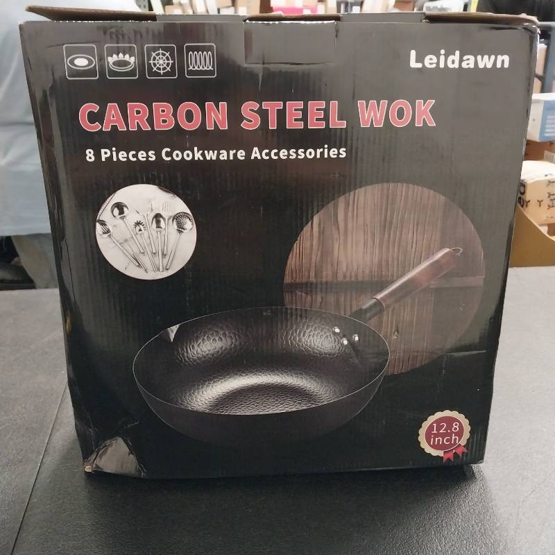 Leidawn 12.8 Carbon Steel Wok - 11pcs Woks and Stir Fry Pans with Wooden Handle and Lid,10 Cookware Accessories,for Electric,Induction and GAS Stoves