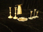 antique pitcher tray and 5 candlesticks