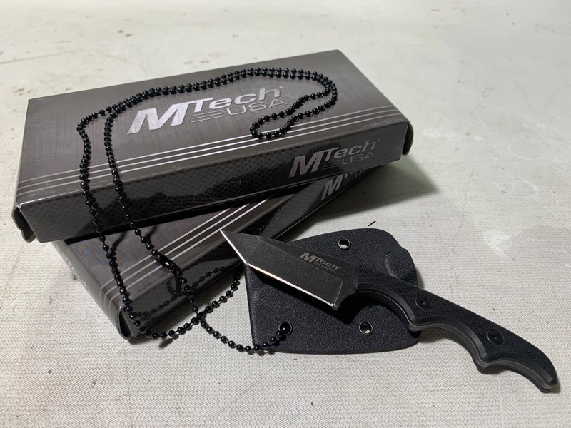 lot 177 image: 2 New MTech MT673 Tanto Neck Knife Black Stonewash Blade 4 78 Overall w G-10 Handle and Sheath