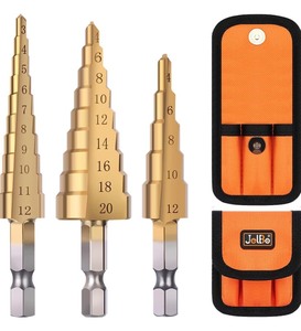 lot 9 image: JelBo Global 3pc Set 14 Step Drill Bit Set for Metal - High Speed Steel Titanium Coated Metric Straight Groove Step Drill Bits Set, Hex Shank Hss Cone Uni Bit Kit for Hole Wood(3PcsSet 3-124-124-20mm)