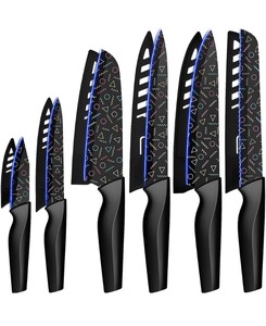 lot 11 image: New Astercook 12 Pcs Colorful Geometric Pattern Kitchen Knife Set w Sheaths