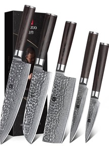 lot 13 image: New XINZUO 5-Piece 67-Layer Damascus Super Steel Chef Santoku Nakiri Slicing Utility Hammered Forging Professional Knife Set w Pakkawood Handle - He Series
