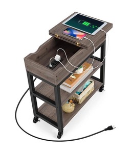 lot 29 image: New Oumilen 23.62 Nightstand Narrow End Side Table w Storage Farmhouse Wood End Table and USB Port Power Outlets, Grey