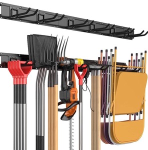 lot 49 image: New Garage Tool 48 Storage Organizers Wall Mounted w 6 Removable Hooks and 3 Board, Super Heavy Duty Powder Coated Steel Garden Tool Hanger Rack for Chair, Broom, Mop, Rake Shovel & Tools