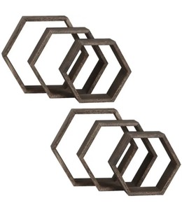 lot 30 image: New Set of 6 Multi-Sized Wooden Hexagon Rustic Floating Shelves, Deep Natural Wood