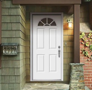 lot 78 image: Jeld-Wen Fan Lite 4-Panel 36x80 Primed Steel Fan Lite Clear Tempered Glass Front Door w Brickmould