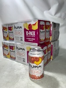 lot 126 image: 4 Cases of 40 Total Humm Probiotic Zero Sugar Keto Friendly Kombucha Varity Pack, Raspberry Lemonade & Peach Tea (10pc per Case)
