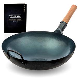 lot 9232 image: YOSUKATA Blue Round Bottom Wok Pan �� 14 Woks and Stir Fry Pans - Chinese Hammered Pow Wok Carbon Steel Wok - Traditional Chinese Japanese Woks - Blue Steel Wok (14, Blue)