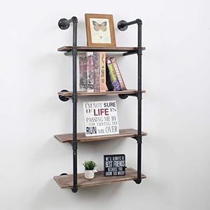 lot 9237 image: Industrial Pipe Floating Shelves,4 Tiers Wall Mount Bookshelf,24in Rustic Wall Shelves,DIY Storage Shelving Wall Shelf,Rustic Wall Shelving Unit,Wall Book Shelf for Home Organizer,Black Brushed Silver