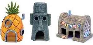lot 9302 image: Penn-Plax Spongebob Squarepants Officially Licensed 3-Piece Aquarium Ornament Bundle �� Spongebob��s Pineapple House, Squidward��s Easter Island Home, and The Krusty Krab