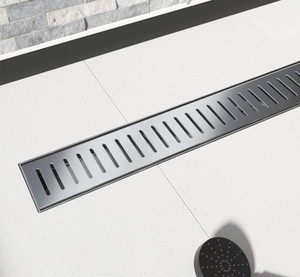 lot 9318 image: HUCKLE 28-inch Rectangular Linear Shower Drain, Capsule Grille Bathroom SUS304 Stainless Steel Floor Drain, Includes Hooks, Black Adjustable Leveling Feet, Hair Filter Catcher