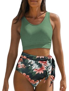 lot 9324 image: Dokotoo Womens Scoop Neck Racerback High Waisted Bikini Sets Two Piece Swimsuit Floral Print Tummy Control Bathing Suit Large