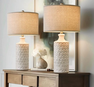 lot 9336 image: PoKat 24.75 Modern Contemporary Ceramic End Table Lamps Set of 2 for Living Study Room Desk D�cor,Bedside,Nightstand Lamps for Bedroom Office Farmhouse,White