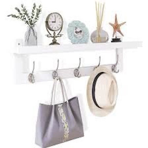 lot 9351 image: SMIBUY Coat Hooks with Shelf Wall-Mounted, 29.2 Inch Entryway Coat Rack for Wall, Bamboo Hanging Shelf with 5 Double Metal Hooks for Bathroom, Bedroom, Kitchen, Living Room, Mudroom (White)
