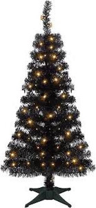 lot 9354 image: Juegoal Pre-Lit Artificial Halloween Christmas Tree, 4 FT Lighted Black Tinsel Xmas Pine Trees with 50 LEDs Lights, 8 Lighting Modes & Battery Powered Waterproof for Home Office Party Decorations