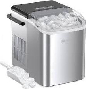 lot 9390 image: Silonn Countertop Ice Maker Machine with Handle, Portable, Makes up to 27 lbs. of Ice Per Day, 9 Cubes in 7 Mins, Self-Cleaning with Ice Scoop and Basket - factory plastic still on it