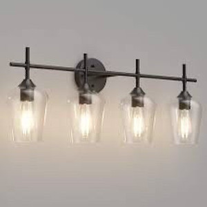 lot 9394 image: Ralbay Vintage Bathroom Vanity Lighting Fixtures 4-Lights Industrial Matte Black Finish with Clear Glass Vanity Lights Farmhouse Bathroom Vanity Lights Wall Sconce