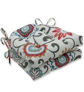 lot 70028 image: Pillow Perfect Outdoor  Indoor Pom Play Peachtini Reversible Chair Pad (Set of 2), 15.5 X 16 X 4, Blue