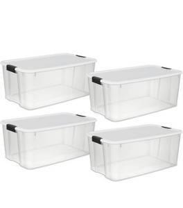 lot 70044 image: Sterilite 19909804 116 Quart110 Liter Ultra Latch Box, Clear with a White Lid and Black Latches, 3-Pack with 4 lids