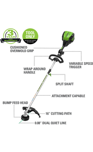 lot 34451 image: $ Greenworks PRO 16-Inch 80V Cordless String Trimmer (Attachment Capable), Battery Not Included Retail $171.42