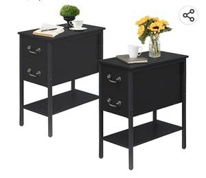 lot 61037 image: Only one end Table with bonus extra parts to possibly make a 2nd one VECELO End Tables Set of 2, Narrow Nightstand with Drawers and Storage Shelf,Modern Night Stand for Small Spaces, Living Room,Bedroom, Black2 pcs