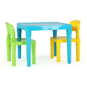 lot 61051 image: Humble Crew Kids Lightweight Plastic Aqua Table and 2 Chairs Set Square Green & Yellow Chairs